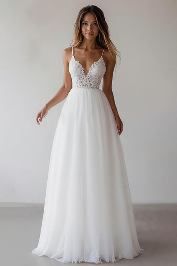 White A-Line Appliqued Spaghetti Straps Engagement Dress